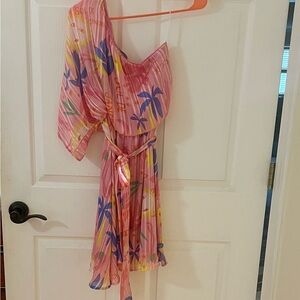 One Shoulder Pink Tropical Dress
